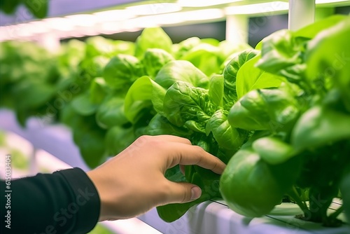 Hydroponic vertical farm with advanced technology and vegetable hand holding., Generative AI.