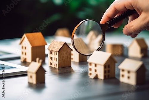 Magnifying glass on house model, real estate selection concept., Generative AI.