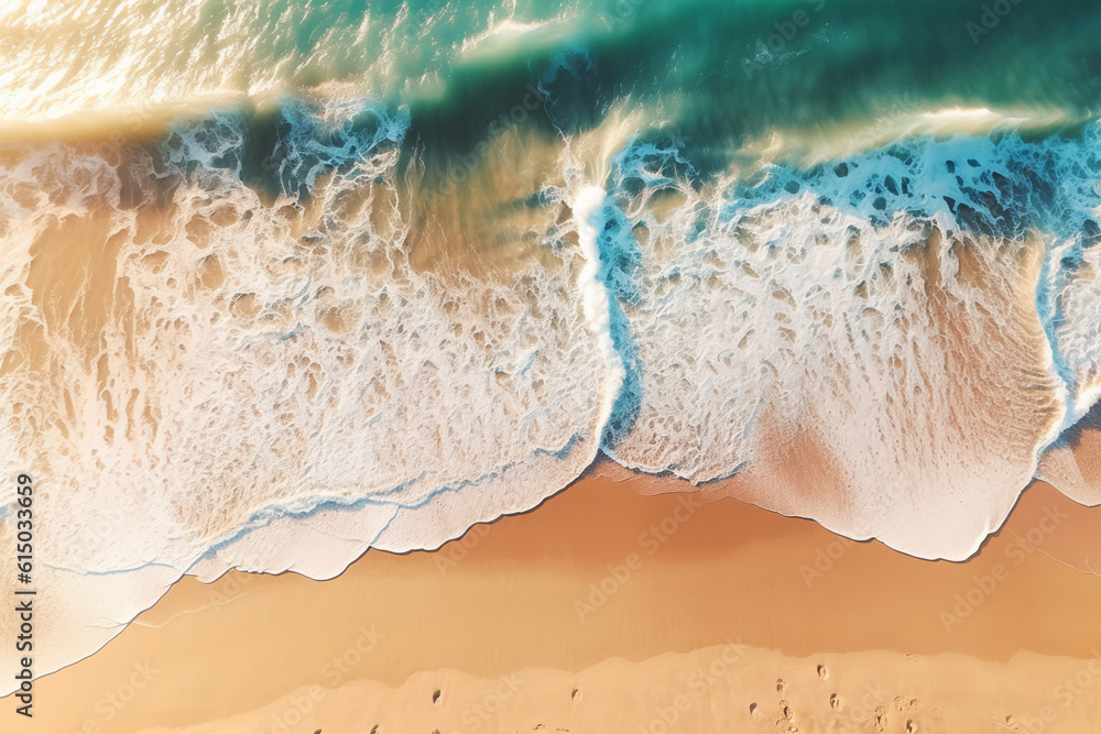 Fototapeta premium Overhead shot of sea waves with clean beach sand and sunlight background 24