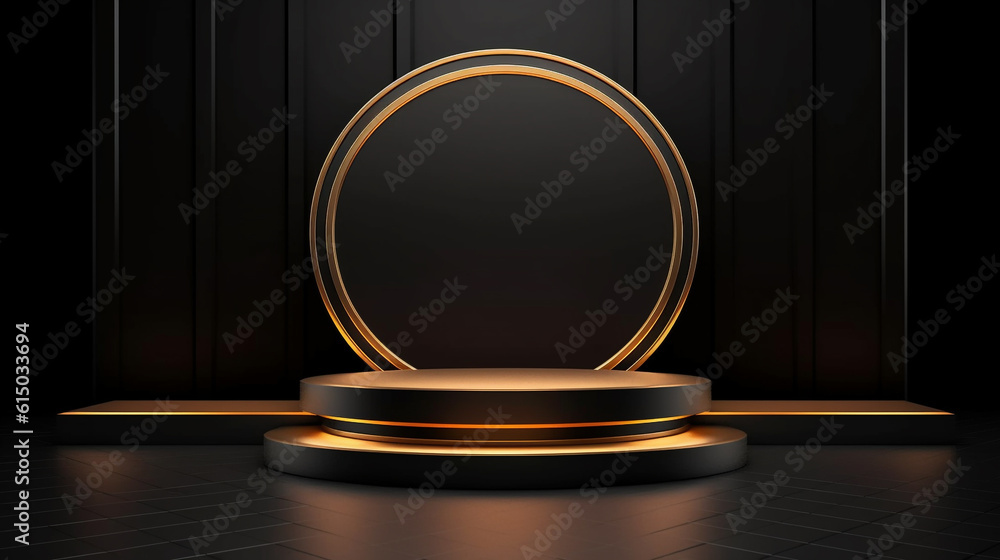 stylish golden podium on a dark background for the presentation of jewelry. Generative Ai. stylish golden podium on a dark background for the presentation of jewelry. Generative Ai.