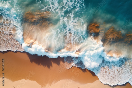 Overhead shot of sea waves with clean beach sand and sunlight background 24