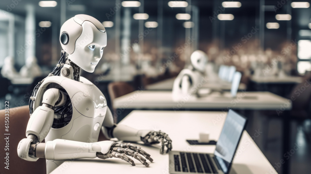 close up of a robot using the laptop working in the office close up of a robot using the laptop working in the office