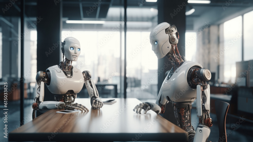 The robot male talking in the office The robot male talking in the office