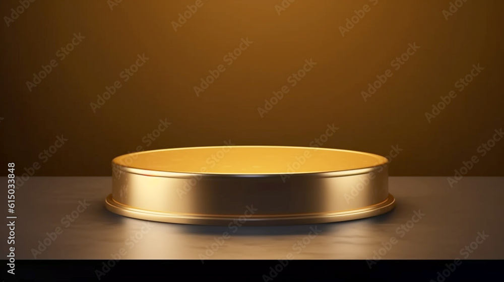 golden illuminated podium on dark brown background for presentation. Generative Ai. golden illuminated podium on dark brown background for presentation. Generative Ai.