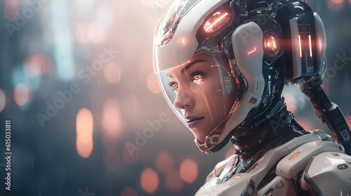 Female robot portrait wearing a helmet 