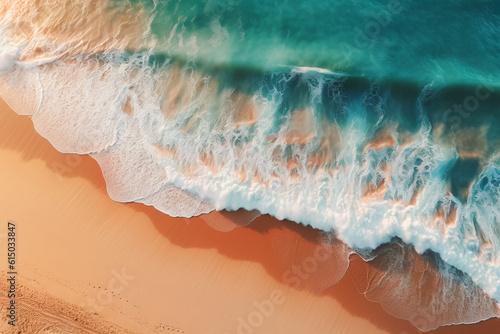 Overhead shot of sea waves with clean beach sand and sunlight background 24