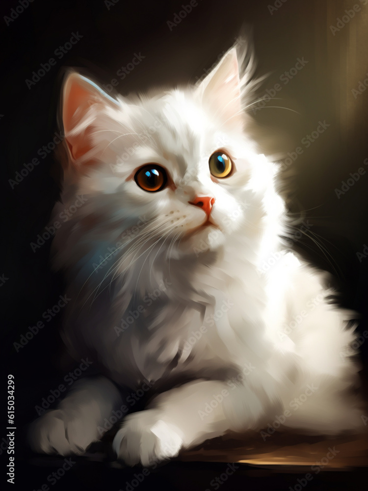 a cute white odd-eyed cat in a realistic painting generated by ai