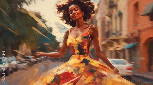 young slender african american woman walks on a summer day through the streets of the city, abstract illustration. Generative Ai. 