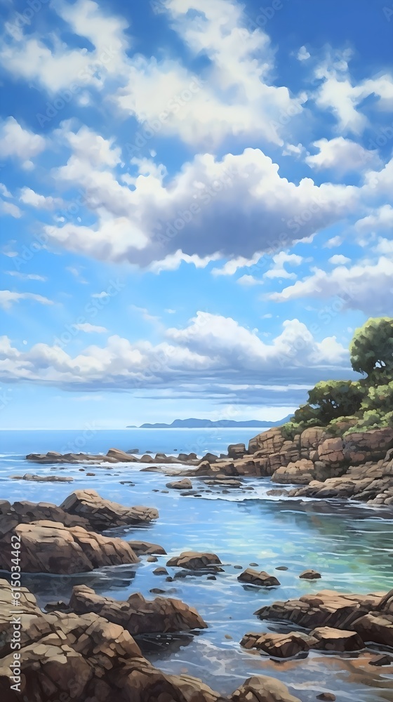 Painting of a rocky shore and sea water again blue sky and clouds, illustration of lively coastal landscapes Painting of a rocky shore and sea water again blue sky and clouds, illustration of lively coastal landscapes