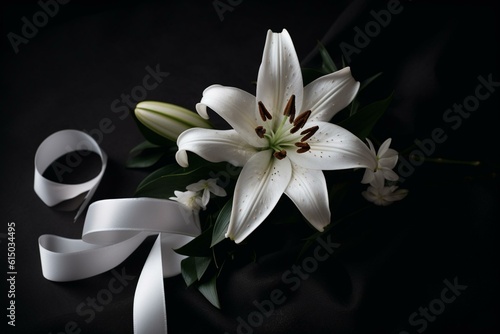 Top view of white lily with black ribbon, common funeral symbols. Generative AI