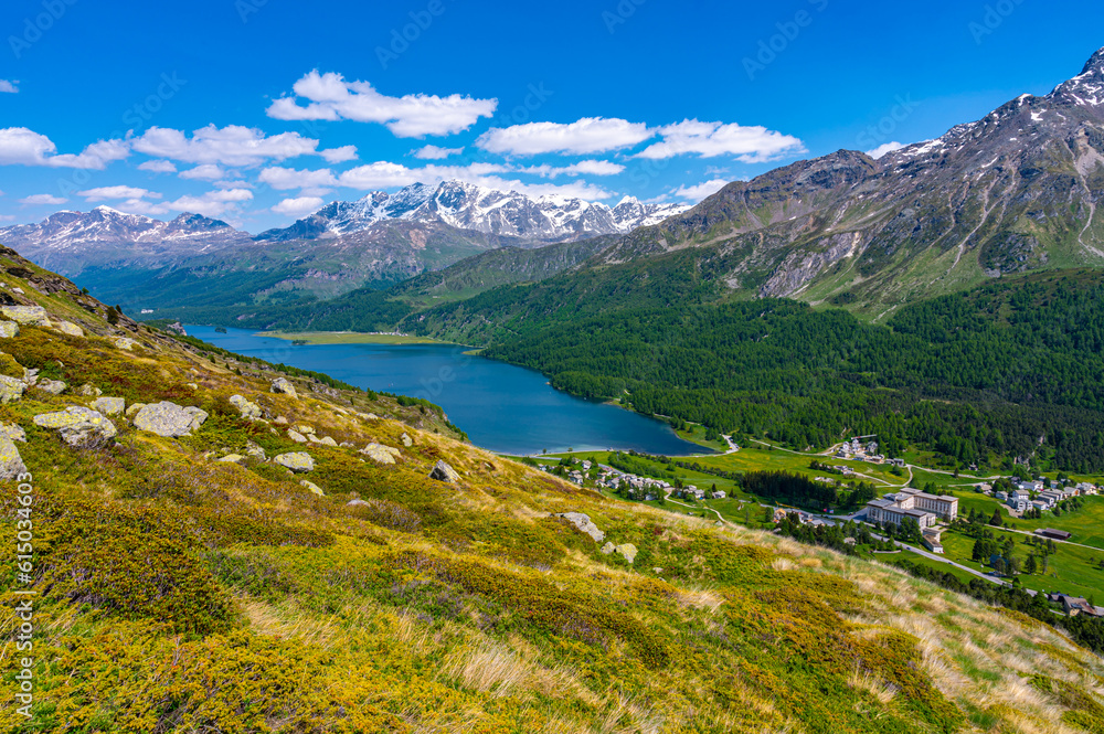 A view of Lake Silvaplana and the Engadine from above. Maloja pass.
