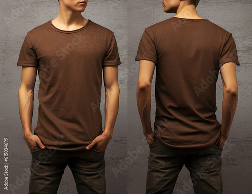 Photo realistic male brown t-shirts with copy space, front, and back view