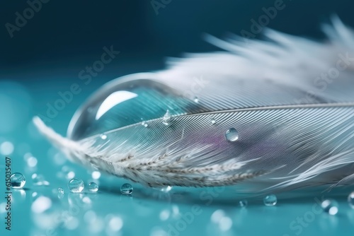 Macro transparent water droplets on white bird's feather on blue and turquoise background. Ai generative.