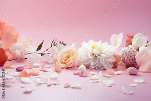 White flowers and petals on a gradient background for congratulations of special events for women