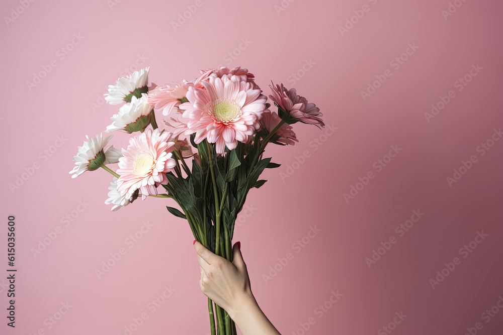 Front view with hand of young woman holding flowers on pink background