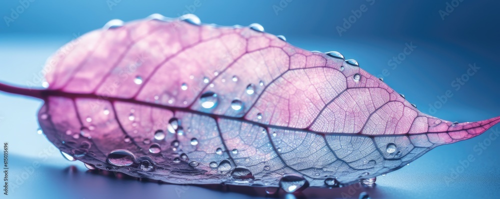 Fototapeta premium Close up transparent leaf with beautiful texture on a blue and pink banner background with shiny water drops. Ai generative.