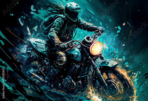 Watercolour abstract paintingof an off-road motorcyle and rider where the motorbike is driving through mud, dirt and water at an extreme sport event, computer Generative AI stock illustration image photo