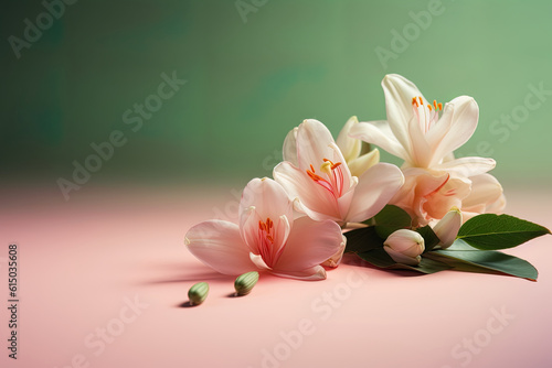Floral composition with flowers on green gradient background and empty space