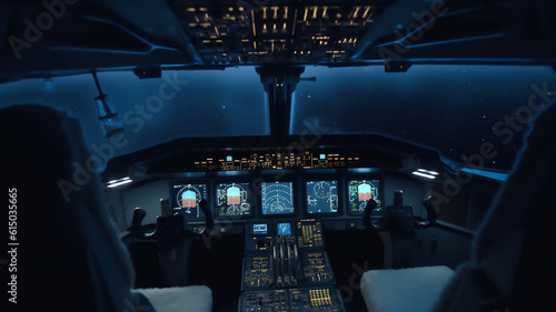 Obraz na plátně Cockpit aviation control panel digital display instruments of an aircraft in fli