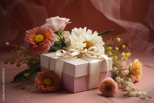 Close up view with trendy gift box and ribbon, colorful fresh flowers and romantic atmosphere
