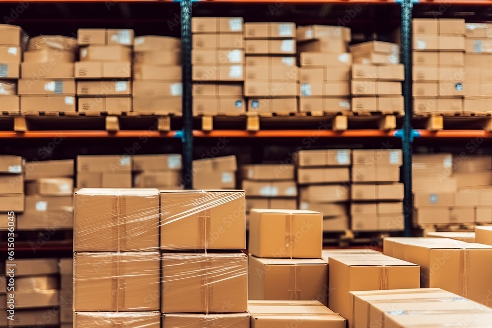 Cardboard box stack in smart warehouse logistics., Generative AI. Cardboard box stack in smart warehouse logistics., Generative AI.