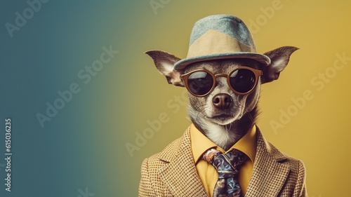 Funny dog wearing a hat and sunglasses on a yellow background. Banner , ai generative. © mariof
