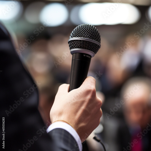 Hand of a man holding a microphone while giving a conference. Generative AI.