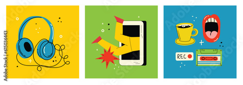 Concept of watching podcast, video online, talk show, tv application, live streaming. Hand holding smartphone with man with microphone on screen. Vector illustration in flat style