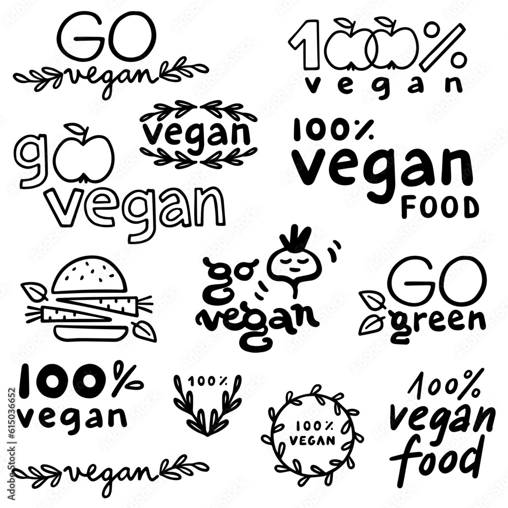 monochrome linear abstract vege vegan label set with typographic and graphic doodle elements isolated on white background for web and print