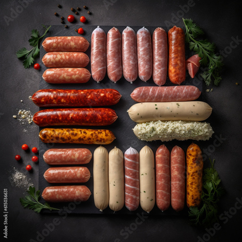 Different types of sausages. Generative AI.