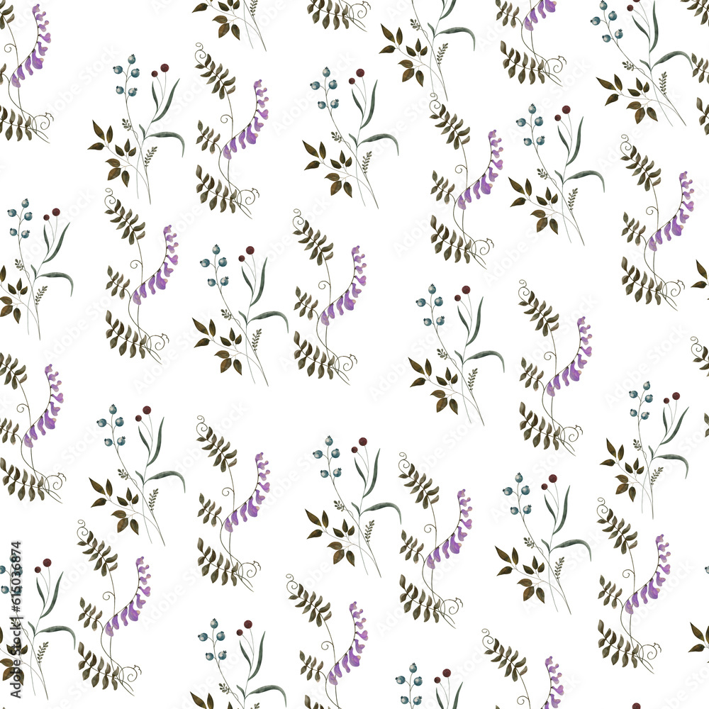 Seamless pattern with watercolor flowers. Wildflowers, boho pattern, delicate herbs, leaves and branches. Seamless pattern with watercolor flowers. Wildflowers, boho pattern, delicate herbs, leaves and branches.