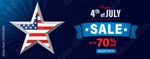 4th of July sale banner for Idependence Day star and beams pattern background. Happy fourth of july special offer poster. Vector illustration