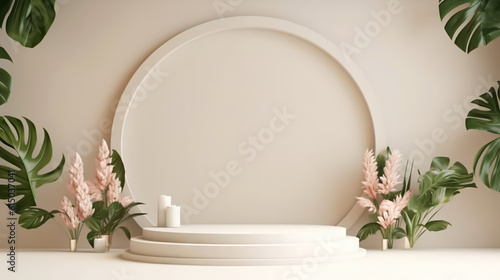 Podium with flowers on white background to display products, gift or cosmetics. Generative AI