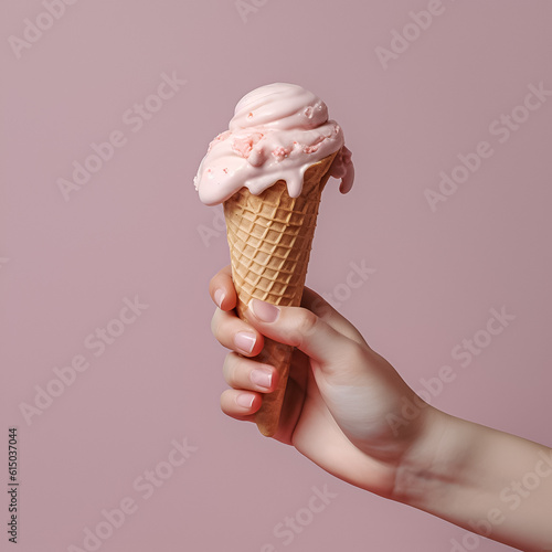Hand holding a delicious strawberry ice cream cone on a pink background.