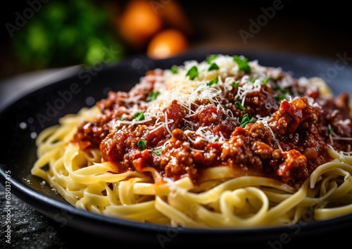 Delicious Italian spaghetti Bolognese in a black bowl on the table. generative AI image.
