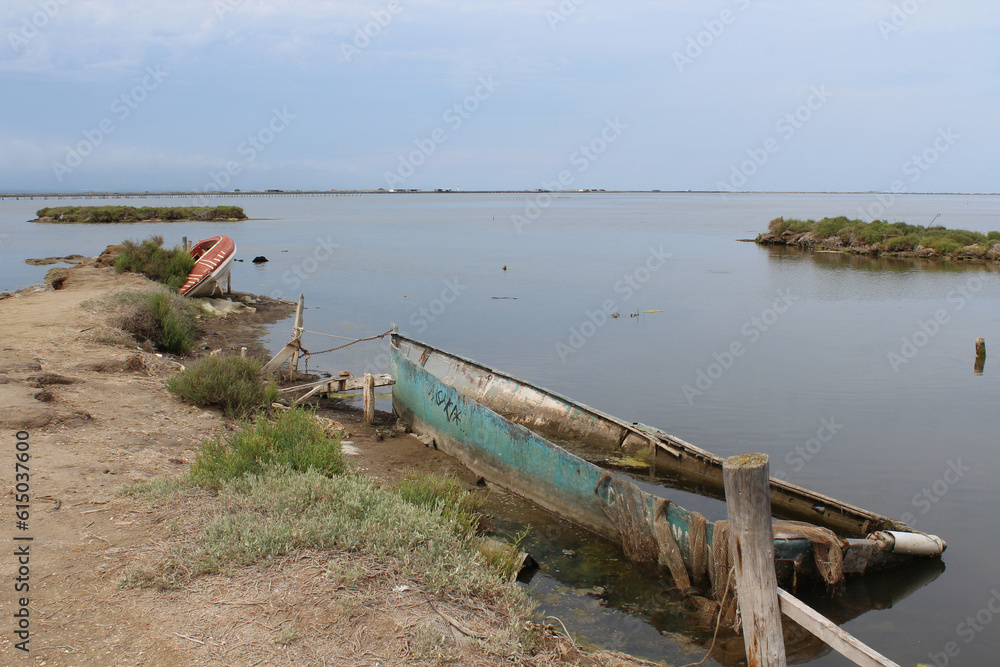 Boats cemetery at Delta de l'Ebre. Abandoned old wooden boats.