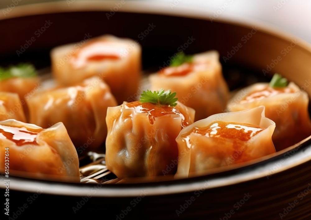 Siu Mai - Chinese steamed pork dumplings in bamboo steamers. Dim Sum. generative AI image. Siu Mai - Chinese steamed pork dumplings in bamboo steamers. Dim Sum. generative AI image.