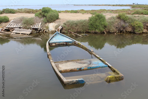 Boats cemetery at Delta de l'Ebre. Abandoned old wooden boats.
