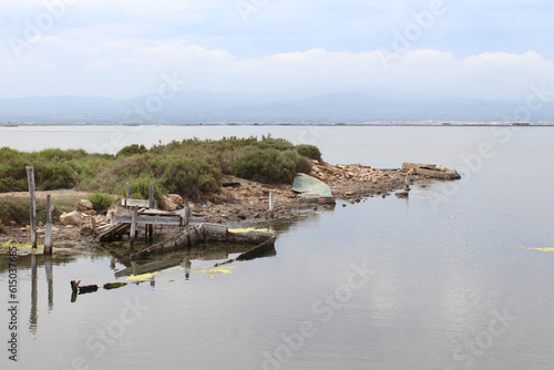 Boats cemetery at Delta de l'Ebre. Abandoned old wooden boats.