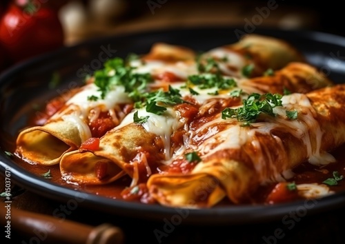 Wallpaper Mural Traditional Mexican dish enchiladas with meat, chili red sauce and cheese. generative AI image. Torontodigital.ca