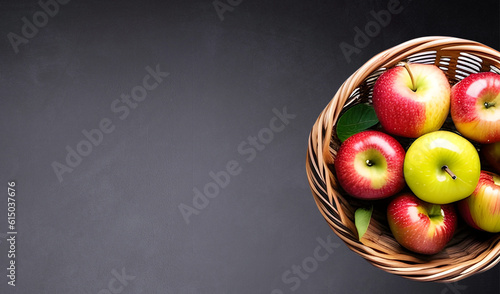 A wooden basket full of apples on background