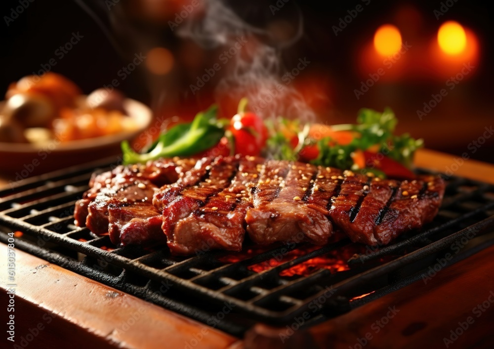 Food concept. Grilled pork with grilled sauce, with smoke, spices and rosemary. generative AI image. Food concept. Grilled pork with grilled sauce, with smoke, spices and rosemary. generative AI image.