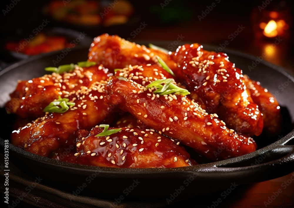 Korean fried chicken in restaurant. generative AI image. Korean fried chicken in restaurant. generative AI image.
