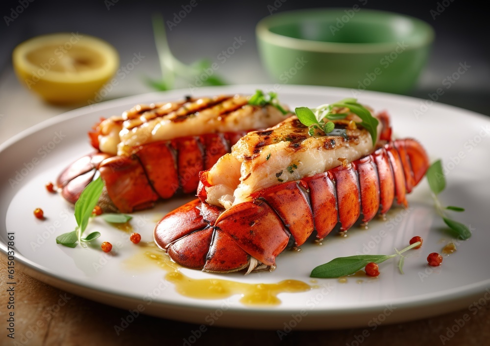 Grilled Lobster Tails Served With leaves on white plate. generative AI image. Grilled Lobster Tails Served With leaves on white plate. generative AI image.