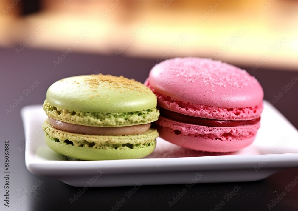 Colorful French sweet delicacy macaroons on the plate. generative AI image.