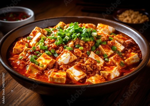 Sichuan mapo tofu, A Popular Chinese Spicy Dish. generative AI image.