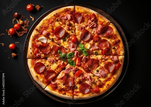 tasty pizza on dark ceramic plate in restaurant. generative AI image.