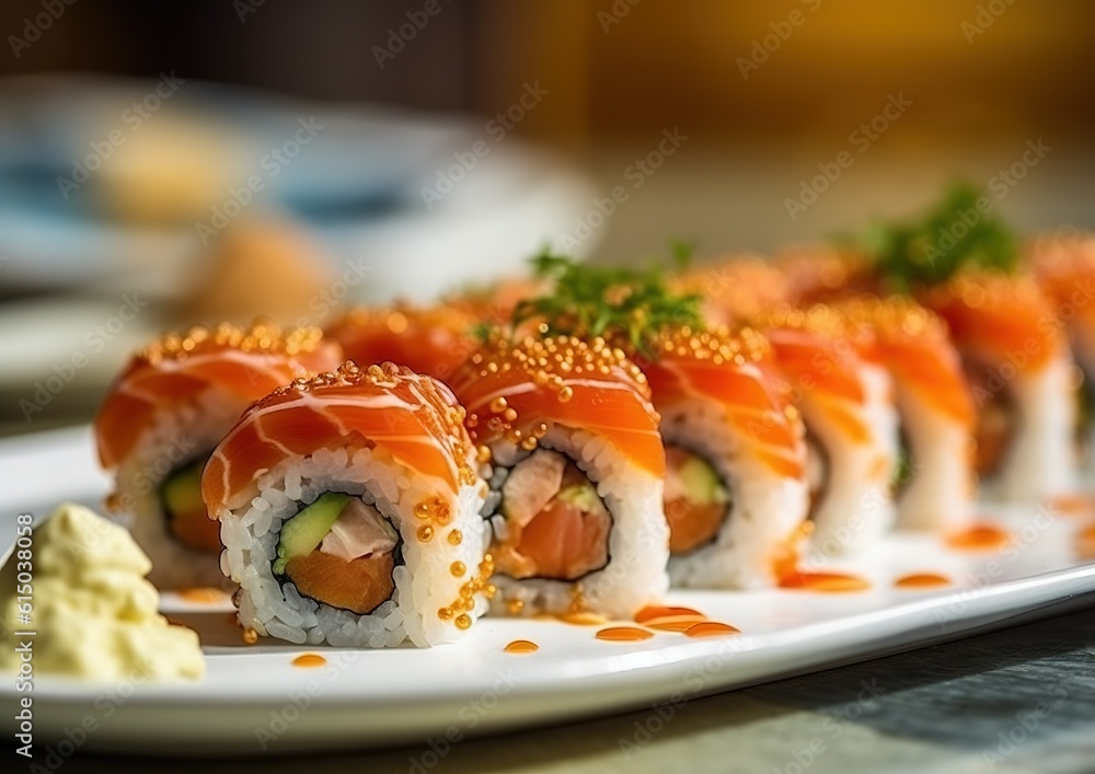 Japanese cuisine. delicious Sushi on the plate. generative AI image. Japanese cuisine. delicious Sushi on the plate. generative AI image.