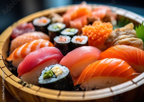 Japanese cuisine. delicious Sushi set in the bowl. generative AI image.