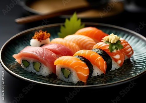 Japanese cuisine. delicious Sushi on the plate. generative AI image.